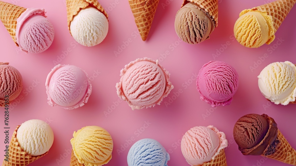 Variety of ice cream cones laid out on a pink background Variety of ice cream cones laid out on a pink background