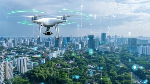 Futuristic smart city with high tech buildings, smart transportation, drones, and green spaces