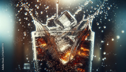 A close-up view capturing the moment an ice cube is dropped into a glass of soda, causing a dynamic splash