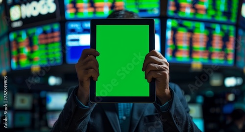 A man is gesturing with his finger on a tablets green screen, a fun electronic device for entertainment with games and modern technology font display