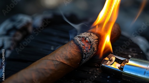 The cigar is ignited with a lighter and has burning
