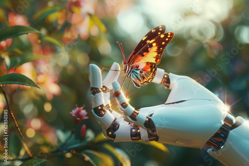 a butterfly posing on top of a android hand finger, concept of nature and futuristic technology #762850385