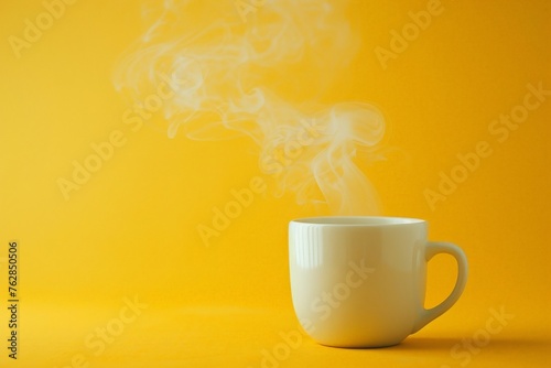 mock up a white mug with little smoke on yellow background, space for text