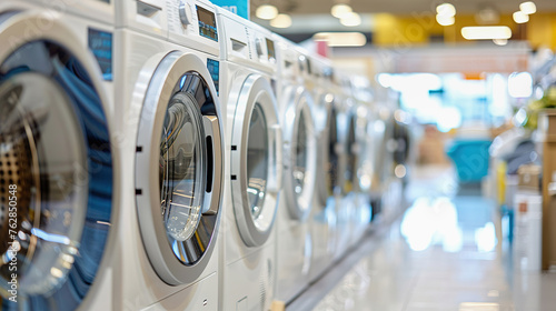 Row of washing machines on display in appliance store