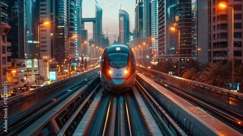 A sleek futuristic train speeds along a neon-lit track, cutting through the heart of a bustling, high-tech city under a dusky sky.