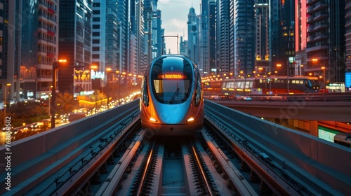 A sleek futuristic train speeds along a neon-lit track, cutting through the heart of a bustling, high-tech city under a dusky sky.