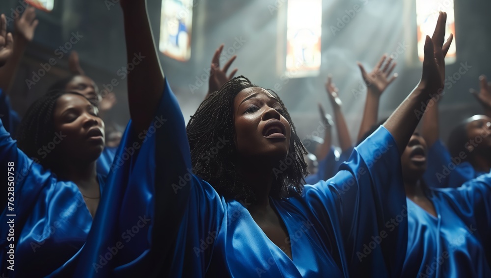 A crowd of women in electric blue robes are entertaining the church event with joyful gestures and sharing fun performing arts with thumbs up in the air - obrazy, fototapety, plakaty 