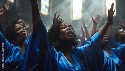 A crowd of women in electric blue robes are entertaining the church event with joyful gestures and sharing fun performing arts with thumbs up in the air photo