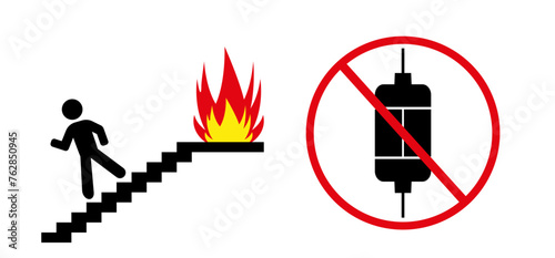 Icono de edificio de caminar por la escalera en caso de incendio y prohibido usar ascensor.