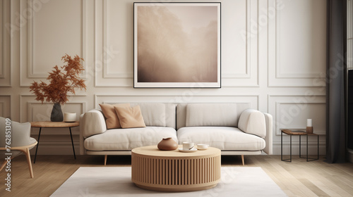 Sophisticated Beige Living Room with Muted Abstract Wall Art and Textured Decor