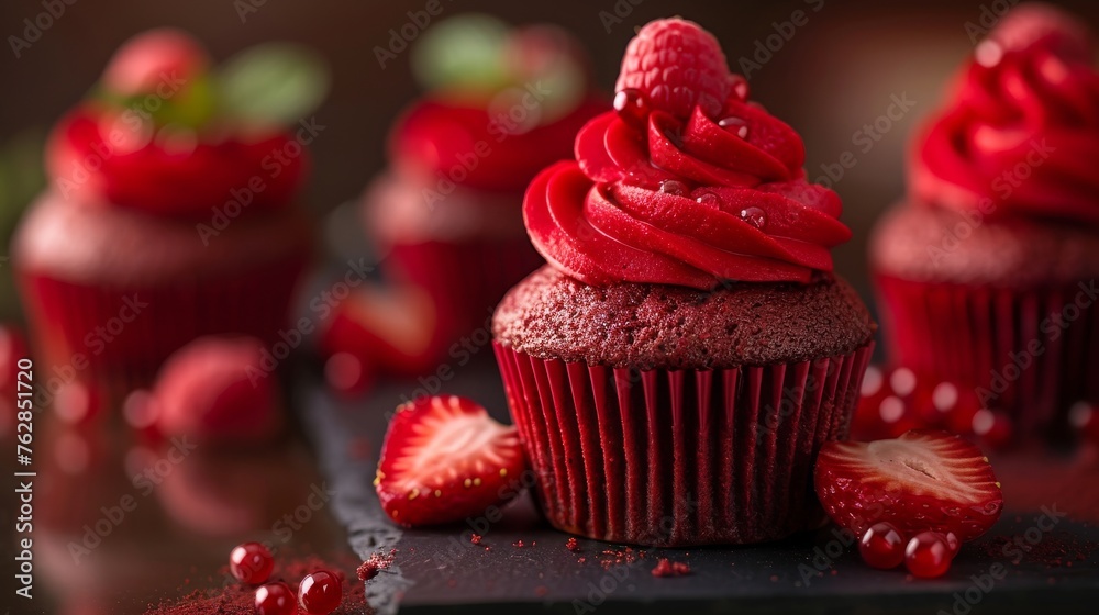 Gourmet red velvet cupcakes with fresh strawberries and rich frosting