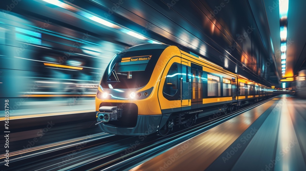 Modern high speed express train arriving at the bustling urban train station platform in the city