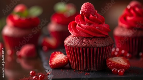 Gourmet red velvet cupcakes with fresh strawberries and rich frosting © Georgii
