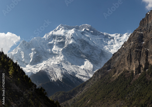 Scenic Himalayan valley and Annapurna 2 mountain peak on Annapurna circuit trail route