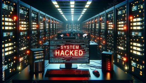 Warning message 'System Hacked' displayed  for advanced persistent threats, network security breaches cybersecurity concept 
