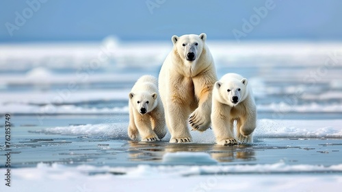 A family of polar bears traversing the Arctic ice floes, hunting for seals