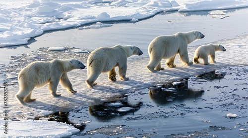 A family of polar bears traversing the Arctic ice floes, hunting for seals