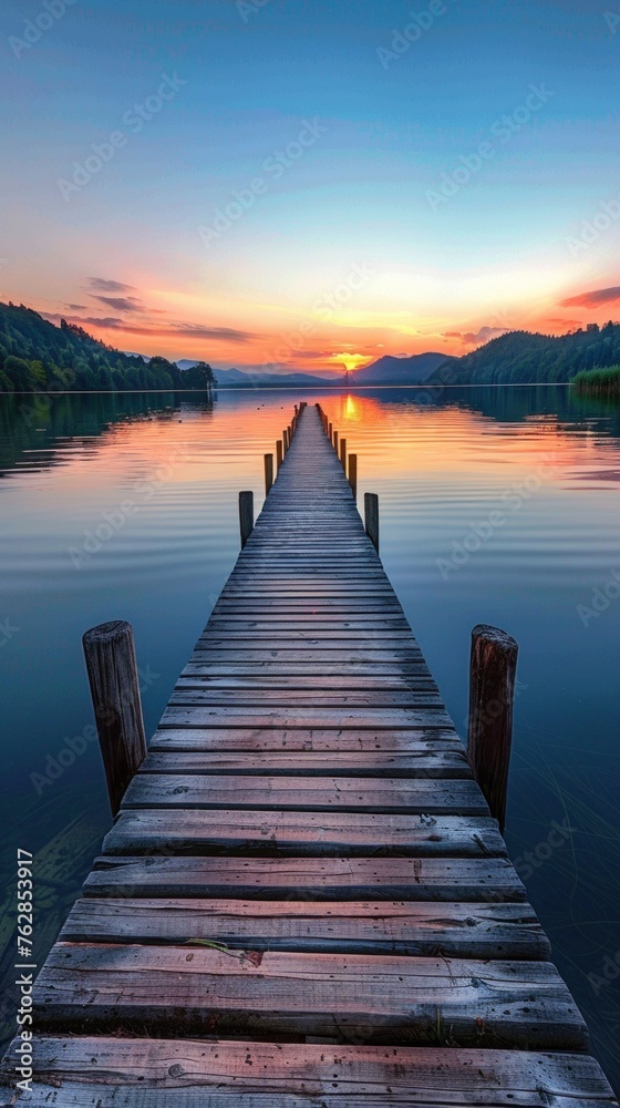 Fototapeta premium A wooden bridge stretches across the water amidst a beautiful valley.