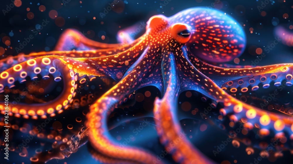Octopus swimming in the sea surrounded by colorful underwater life Octopus swimming in the sea surrounded by colorful underwater life