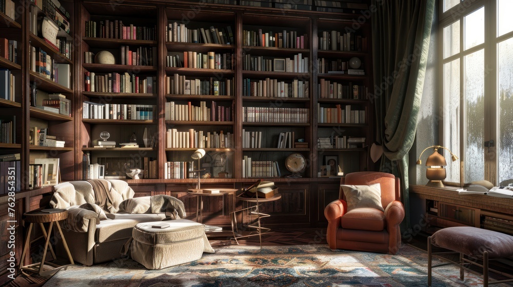A grand bookshelf tower over a cozy seating area, filled with plush armchairs and warm textures