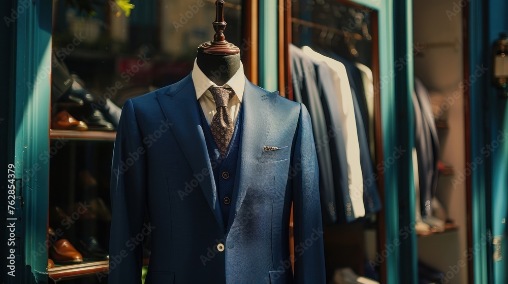 A men shirt in the form of dark blue suits on a mannequin. A men shirt in the form of dark blue suits on a mannequin.