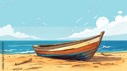Old boat on beach illustration vector flat vector 