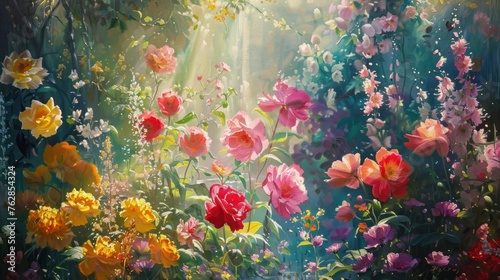 A Garden Symphony with the stunning colorful flowers in oil painting  © Jeerawut