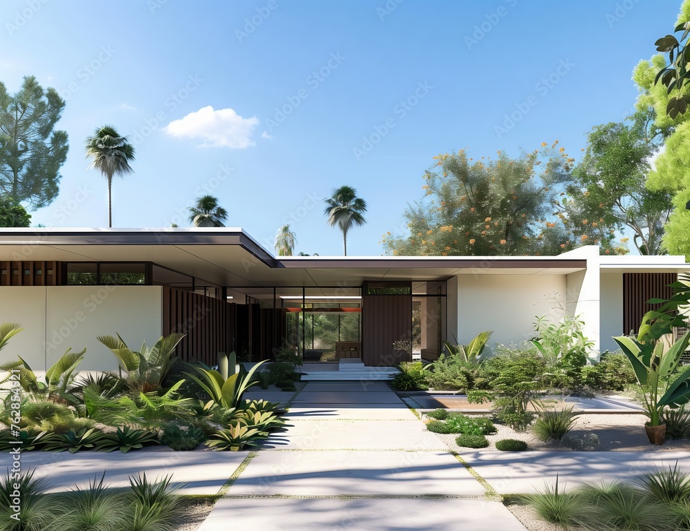 A contemporary house featuring palm trees in the background, with a sleek facade and modern fixtures. The sky is clear with fluffy clouds