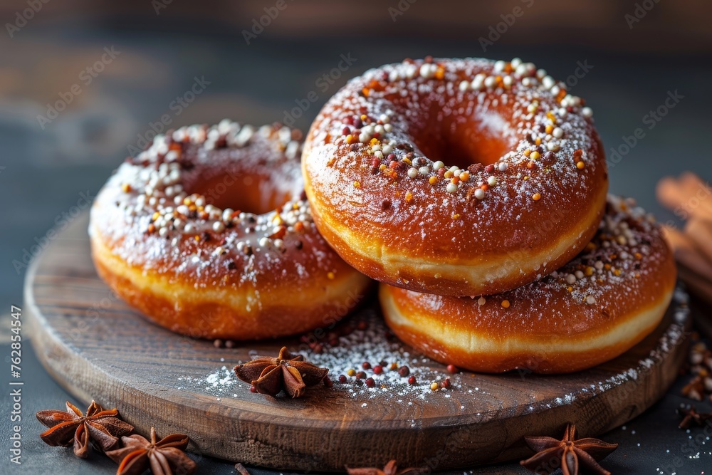 Gourmet autumn spiced donuts, sugar dusted and close-up on a rustic setting