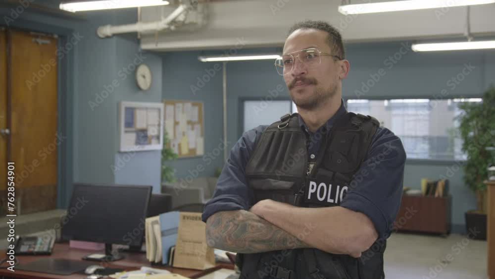 Bipoc police officer crossing arms in a precinct