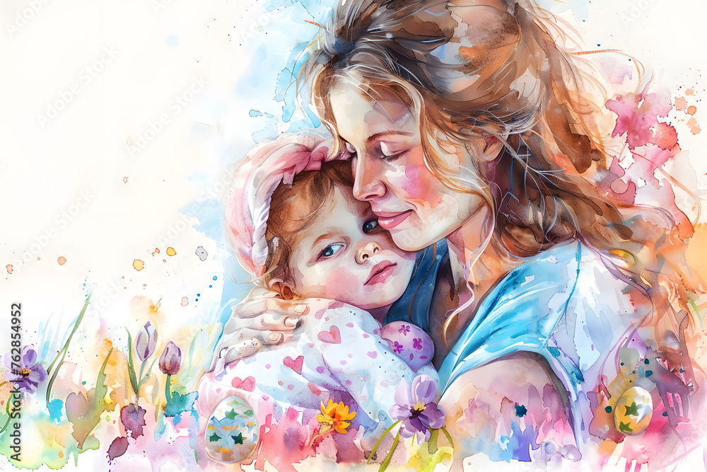 a woman is holding a baby in her arms in a watercolor painting