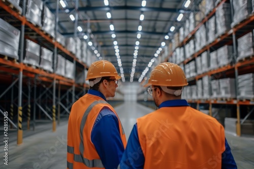 Two warehouse workers in safety vests and helmets discussing operations in a storage facility