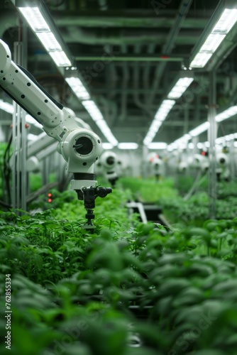 Automated robotic arms tending to lush green plants in a high-tech indoor vertical farm.