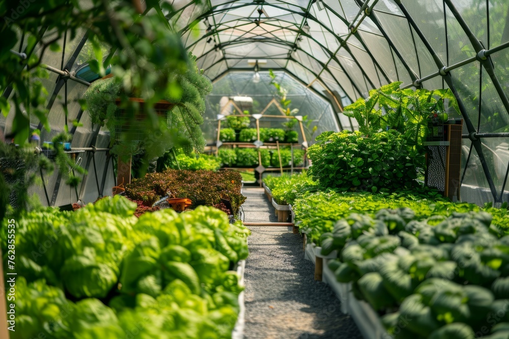 Lush greenery inside a sunlit greenhouse with rows of vibrant lettuces and plants