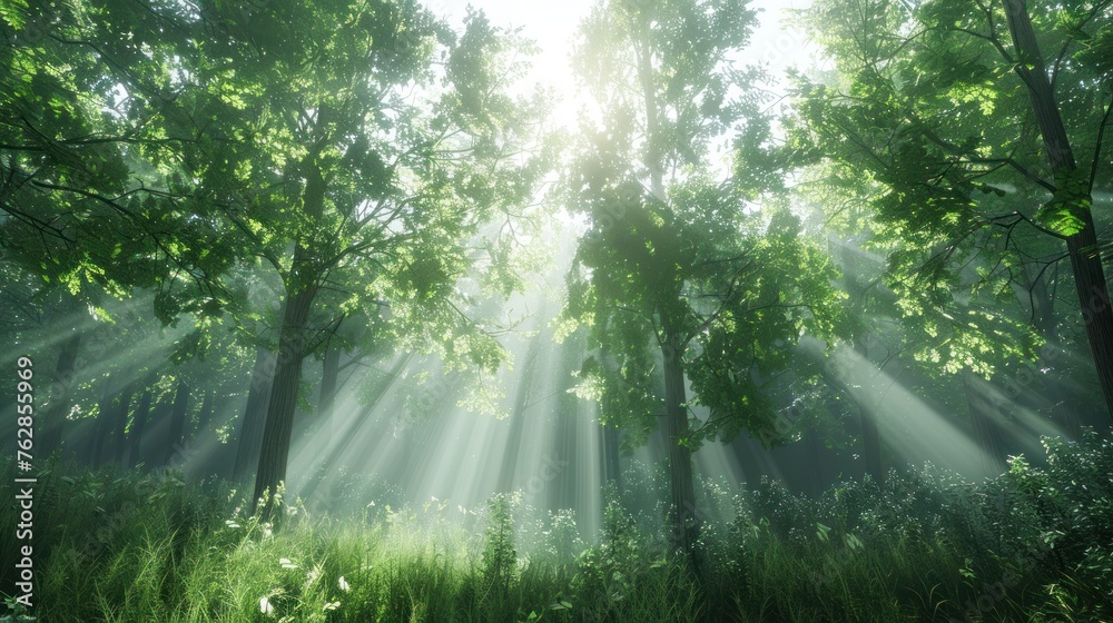 Obraz premium Beautiful rays of sunlight in a green forest 