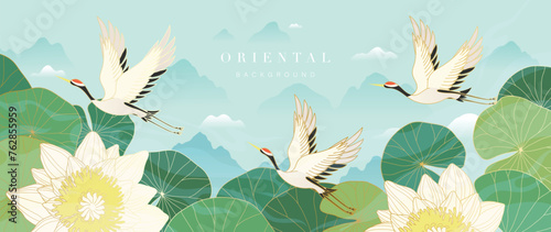 Luxury gold oriental style background vector. Chinese and Japanese wallpaper pattern design of elegant crane birds and lotus flowers with gradient gold line texture. Design for decoration, wall decor.