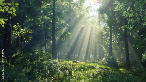 Beautiful rays of sunlight in a green forest 