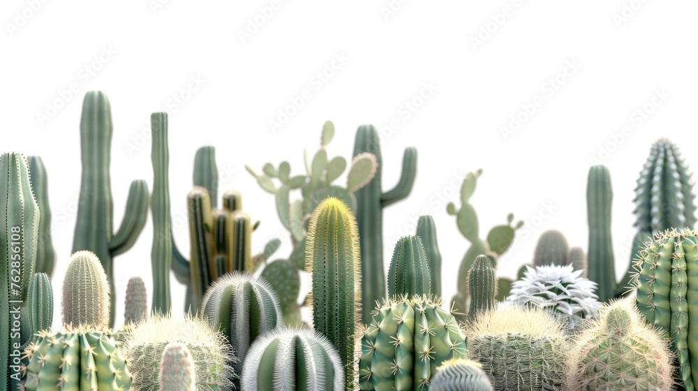 Cacti with their unique shapes and textures white background Cacti with their unique shapes and textures white background