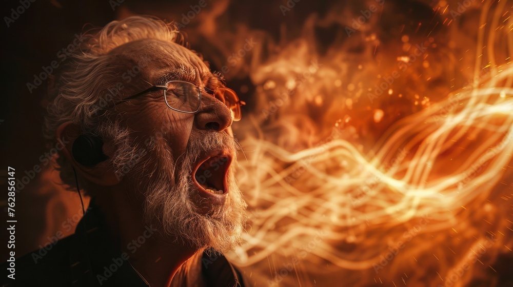 Elderly person with dynamic energy waves radiating in all directions
