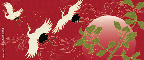Luxury gold oriental style background vector. Chinese and Japanese wallpaper pattern design of elegant crane birds and moon with gradient gold line texture. Design for decoration, wall decor.