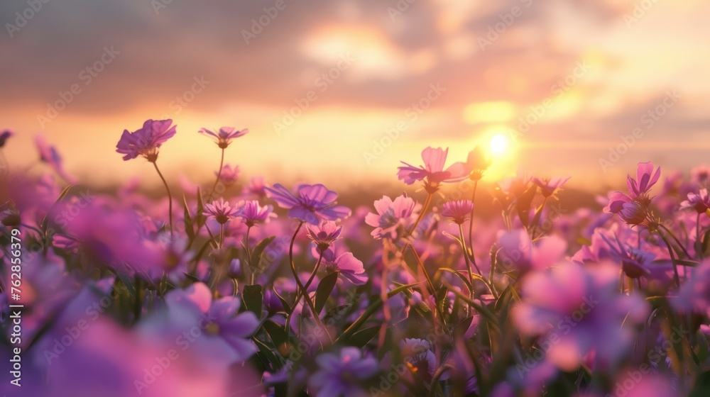 Fototapeta premium Close-up of purple flowers growing on field during sunset 