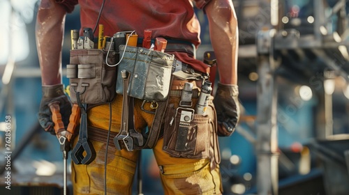 Close-up of Maintenance worker with bag and tools kit wearing on waist.