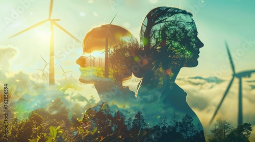Double exposure graphic of business people working over wind turbine farm and green renewable energy worker interface. Concept of sustainability development by alternative energy. uds