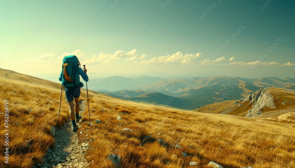 Middle aged male hiker exploring mountain landscape for outdoor adventure with space for text