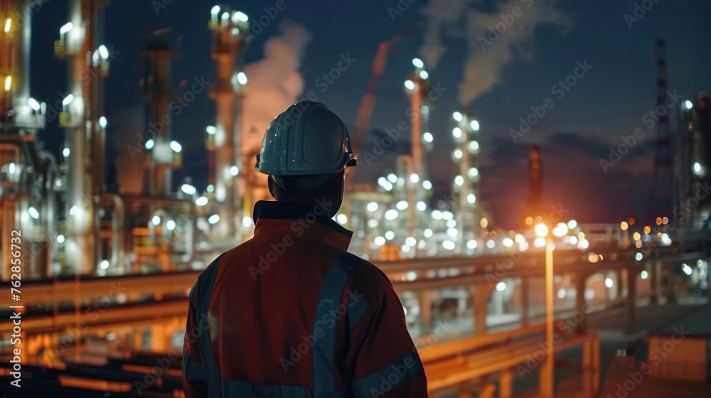 Engineer survey team wear uniform and helmet stand workplace checking blueprint project and radio communication inspection work construction site with night lights oil refinery background. Engineer survey team wear uniform and helmet stand workplace checking blueprint project and radio communication inspection work construction site with night lights oil refinery background.