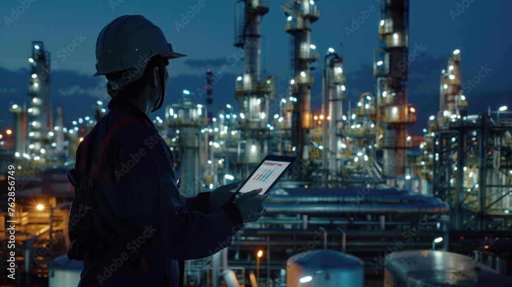 Engineer wear uniform and helmet stand workplace hand holding tablet and laptop computer, survey inspection team work plant site to work with night lights oil refinery background. 