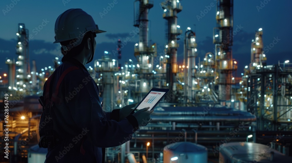 Engineer wear uniform and helmet stand workplace hand holding tablet and laptop computer, survey inspection team work plant site to work with night lights oil refinery background. Engineer wear uniform and helmet stand workplace hand holding tablet and laptop computer, survey inspection team work plant site to work with night lights oil refinery background.