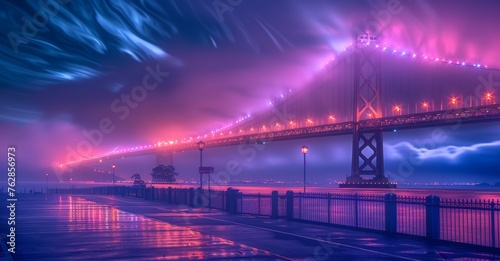 A bridge over a body of water with a pinkish hue