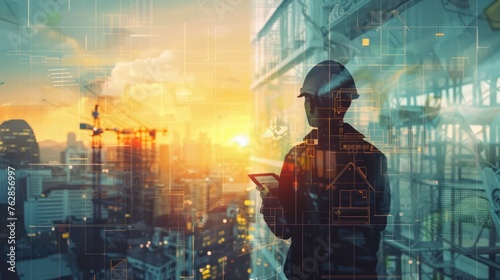 Future building construction engineering and technology project concept. double exposure graphic with engineer using digital tablet and smart industry and IOT software to control operation