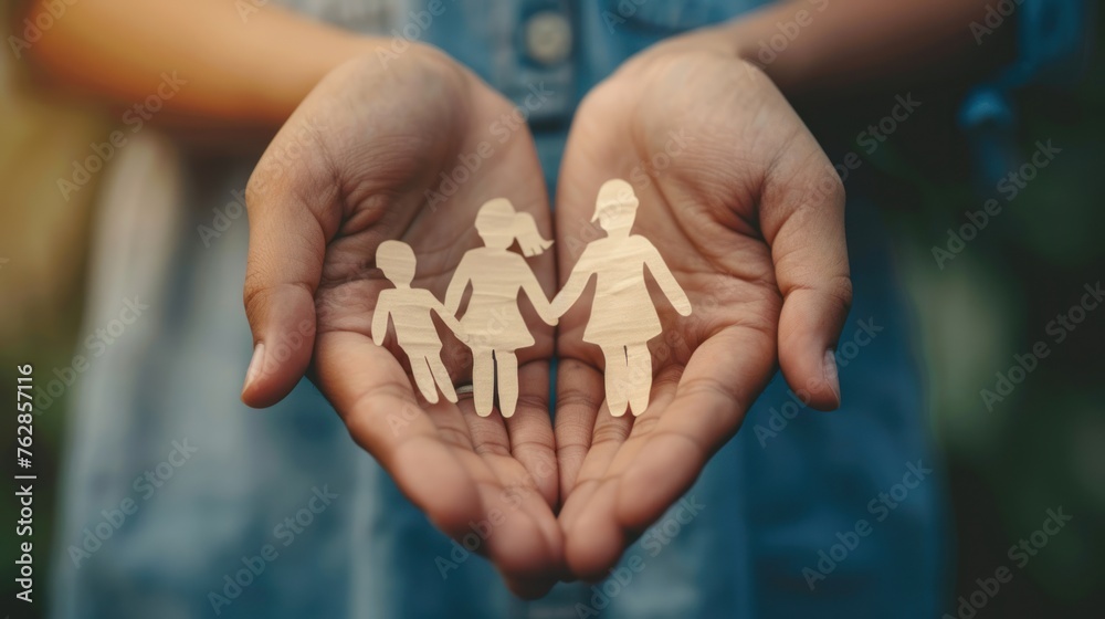 hands holding paper family cutout, family home, adoption foster care, homeless support , mental health, homeschooling , cost of living during recession concept hands holding paper family cutout, family home, adoption foster care, homeless support , mental health, homeschooling , cost of living during recession concept